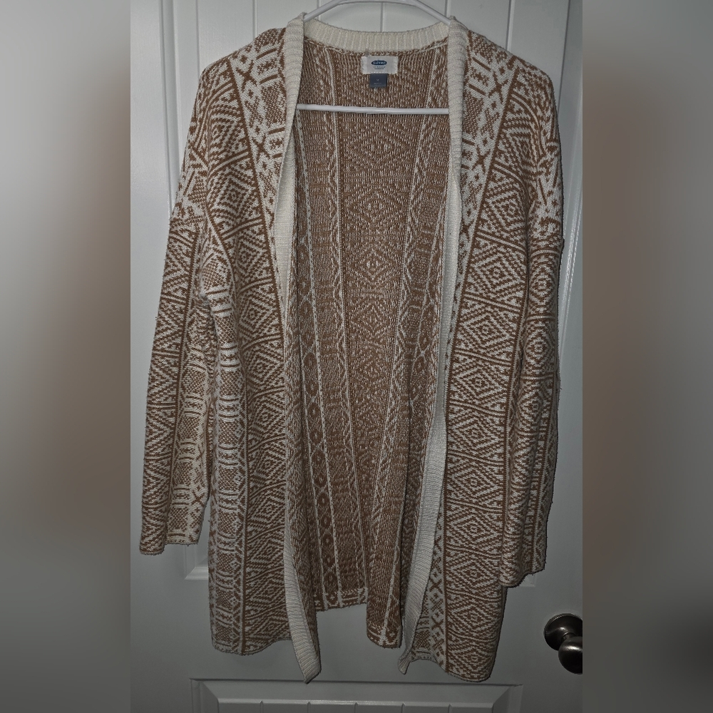 Old Navy Women's Tan and Cream Geometric Open Face Cardigan Medium